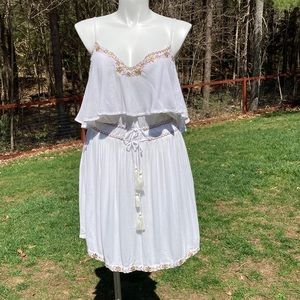 Boho double waist tie copper tone embroidery adjustable strap dress XXL